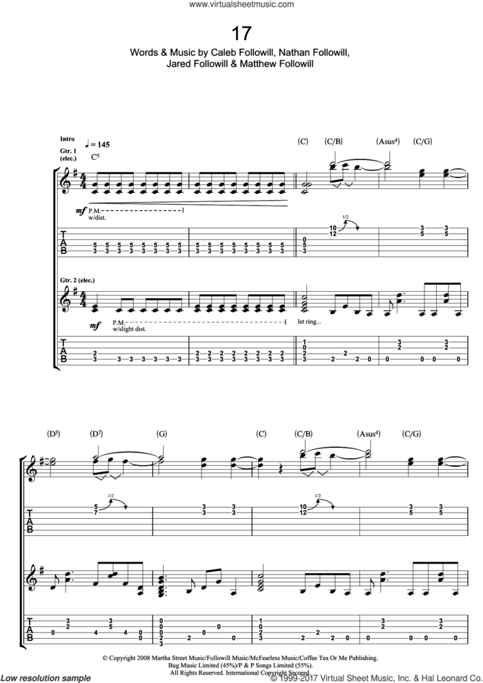 17 sheet music for guitar (tablature) by Kings Of Leon, Caleb Followill, Jared Followill, Matthew Followill and Nathan Followill, intermediate skill level