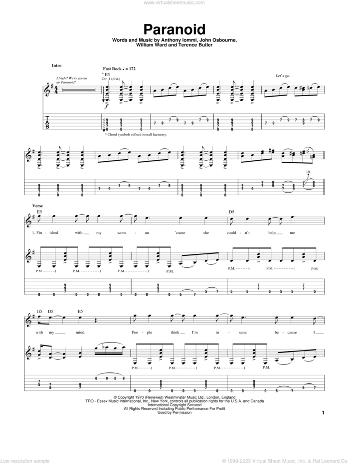 Paranoid sheet music for guitar (tablature) by Ozzy Osbourne, Black Sabbath, Anthony Iommi, John Osbourne, Terence Butler and William Ward, intermediate skill level