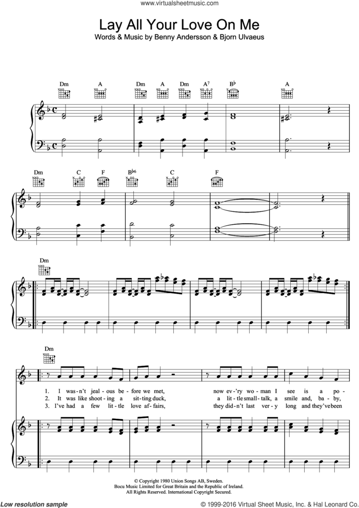 Lay All Your Love On Me sheet music for voice, piano or guitar by ABBA, Benny Andersson and Bjorn Ulvaeus, intermediate skill level