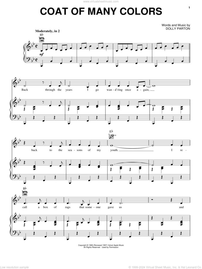 Coat Of Many Colors sheet music for voice, piano or guitar by Dolly Parton, intermediate skill level