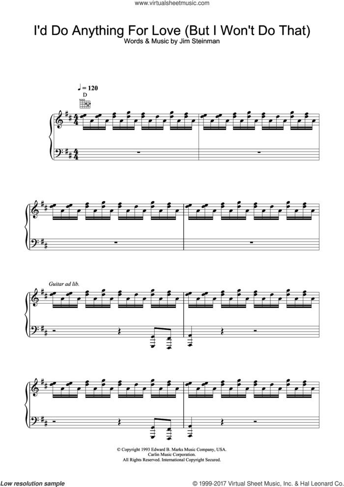 I'd Do Anything For Love (But I Won't Do That) sheet music for voice, piano or guitar by Meat Loaf and Jim Steinman, intermediate skill level
