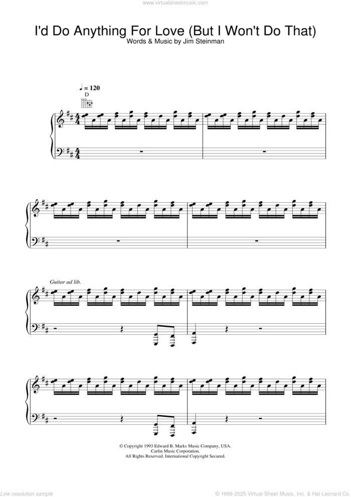 I'd Do Anything For Love (But I Won't Do That) sheet music for voice, piano or guitar by Meat Loaf and Jim Steinman, intermediate skill level