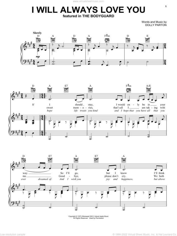I Will Always Love You sheet music for voice, piano or guitar by Dolly Parton and Whitney Houston, wedding score, intermediate skill level