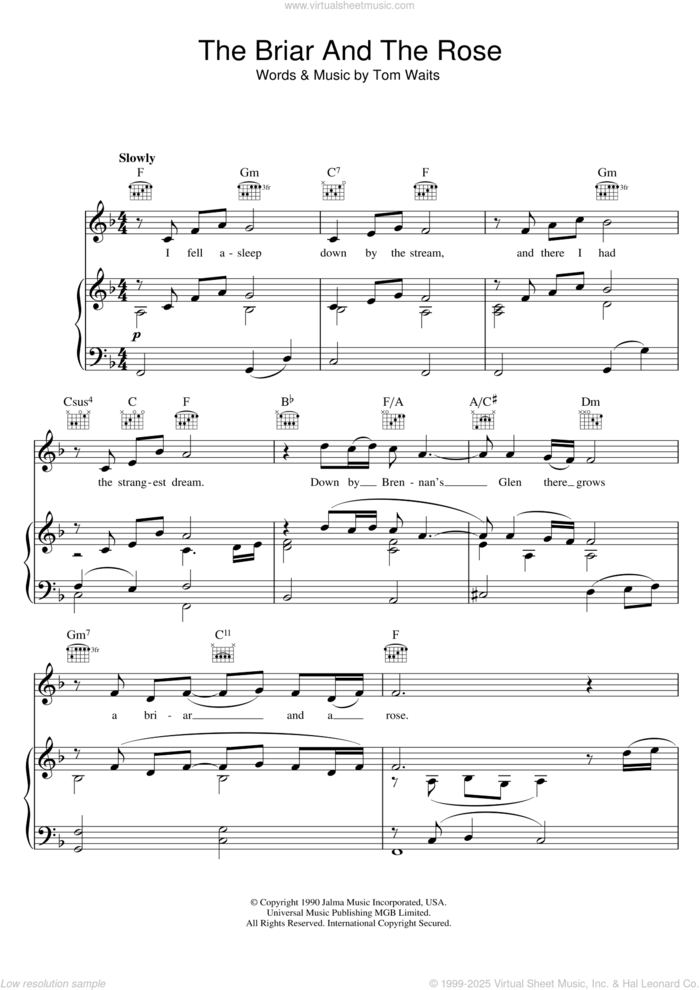 The Briar And The Rose sheet music for voice, piano or guitar by Tom Waits, intermediate skill level