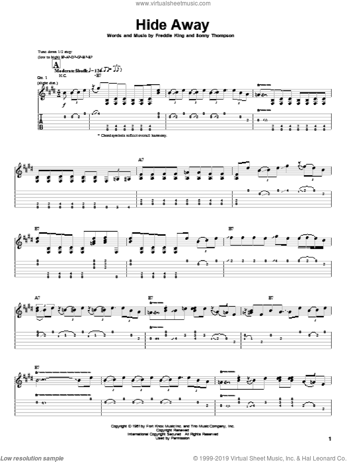 Hide Away sheet music for guitar (tablature) by Stevie Ray Vaughan, Freddie King and Sonny Thompson, intermediate skill level