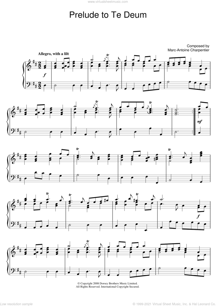 Prelude (from Te Deum) sheet music for piano solo by Marc-Antoine Charpentier, classical score, intermediate skill level