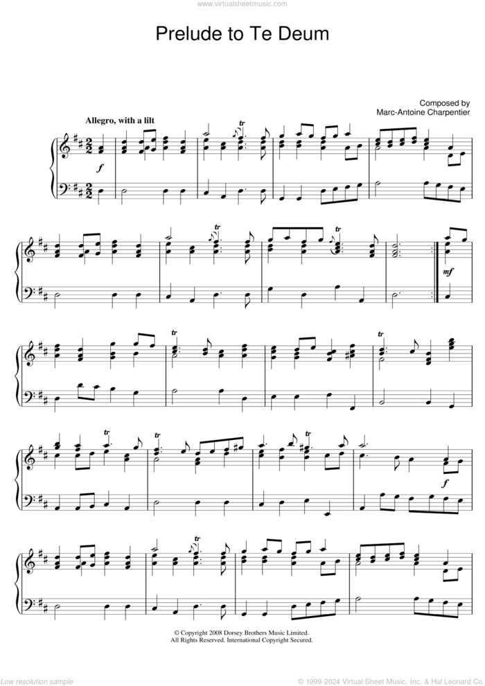 Prelude (from Te Deum) sheet music for piano solo by Marc-Antoine Charpentier, classical score, intermediate skill level