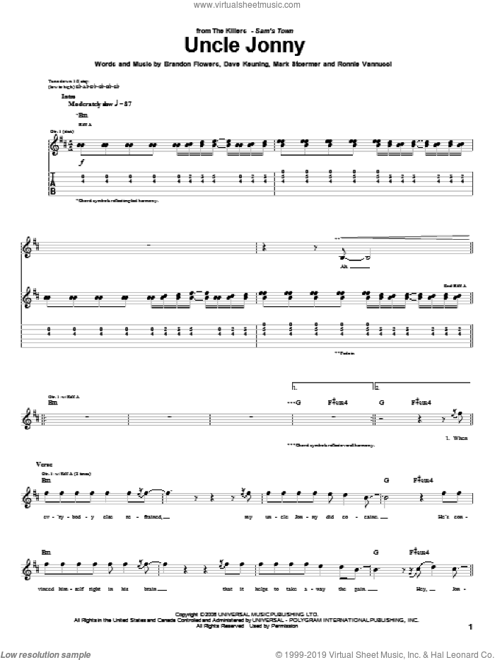 Uncle Jonny sheet music for guitar (tablature) by The Killers, Brandon Flowers, Dave Keuning, Mark Stoermer and Ronnie Vannucci, intermediate skill level