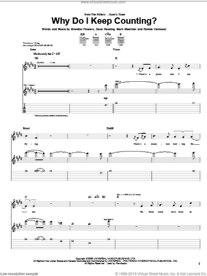 Why Do I Keep Counting? sheet music for guitar (tablature) by The Killers, Brandon Flowers, Dave Keuning, Mark Stoermer and Ronnie Vannucci, intermediate skill level