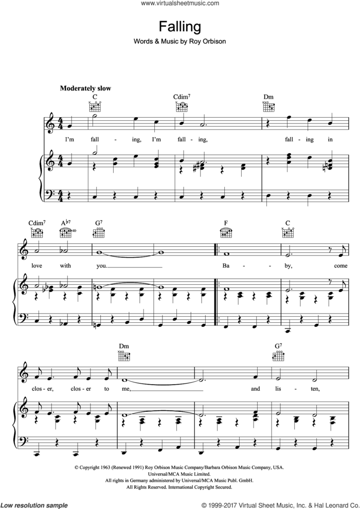 Falling sheet music for voice, piano or guitar by Roy Orbison, intermediate skill level