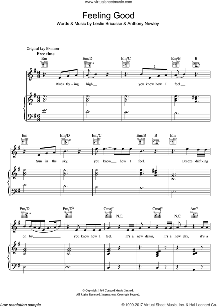 Feeling Good sheet music for voice, piano or guitar by Michael Buble, Anthony Newley and Leslie Bricusse, intermediate skill level