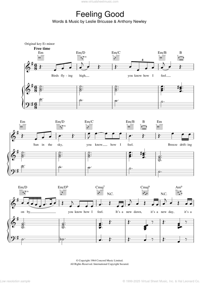 Feeling Good sheet music for voice, piano or guitar by Michael Buble, Anthony Newley and Leslie Bricusse, intermediate skill level