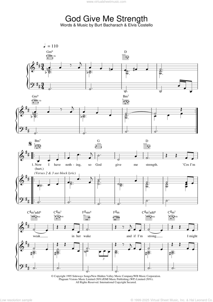 God Give Me Strength sheet music for voice, piano or guitar by Elvis Costello and Burt Bacharach, intermediate skill level