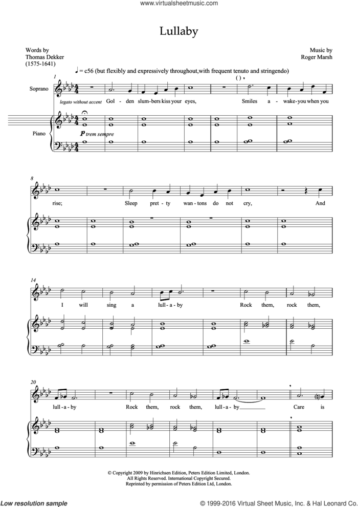 Lullaby (for soprano and marimba) sheet music for voice and piano by Roger Marsh and Thomas Dekker, classical score, intermediate skill level