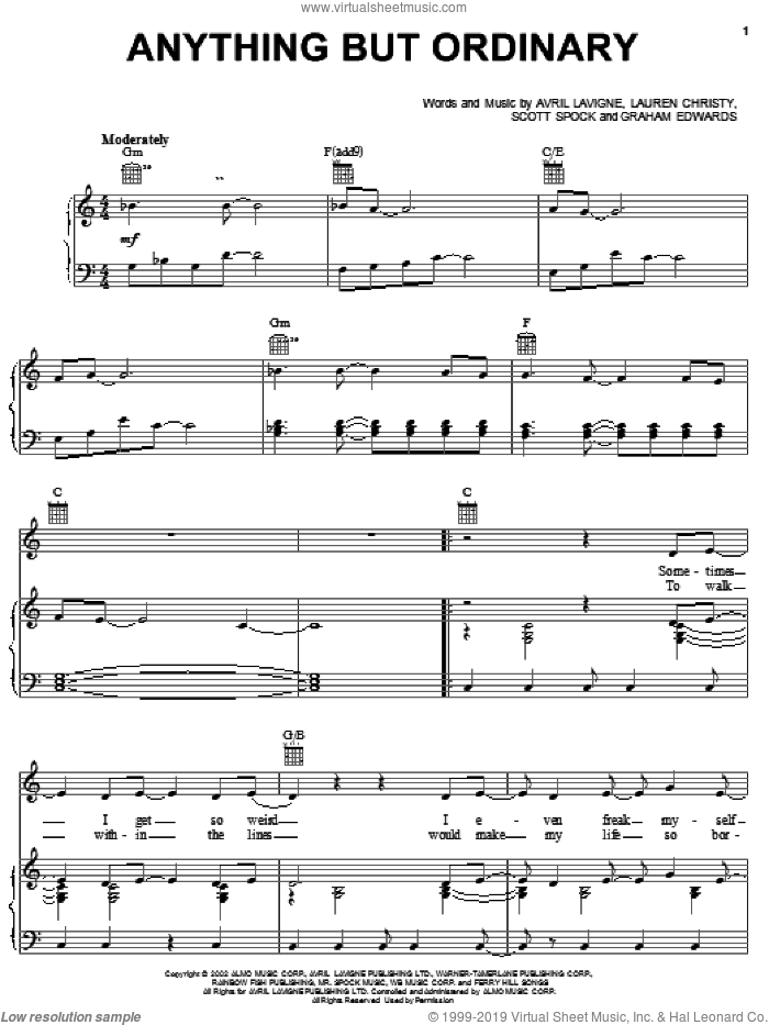 Anything But Ordinary sheet music for voice, piano or guitar by Avril Lavigne, Graham Edwards and Lauren Christy, intermediate skill level