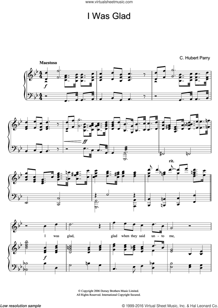 I Was Glad sheet music for voice and piano by Hubert Parry, intermediate skill level
