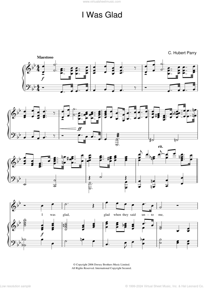 I Was Glad sheet music for voice and piano by Hubert Parry, intermediate skill level