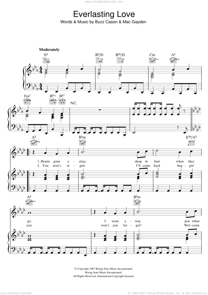 Everlasting Love sheet music for voice, piano or guitar by The Love Affair, Buzz Cason and Mac Gayden, intermediate skill level