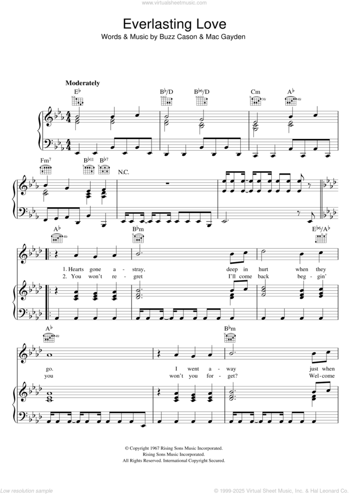 Everlasting Love sheet music for voice, piano or guitar by The Love Affair, Buzz Cason and Mac Gayden, intermediate skill level