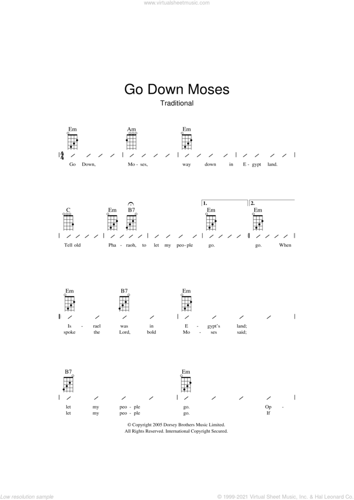 Go Down Moses sheet music for ukulele (chords), intermediate skill level