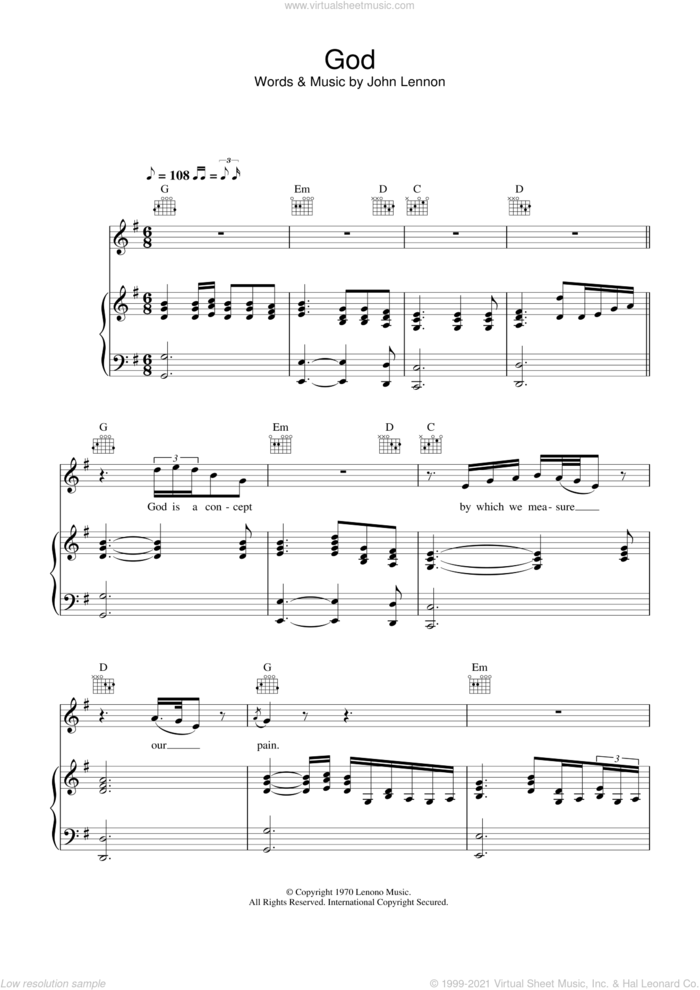 God sheet music for voice, piano or guitar by John Lennon, intermediate skill level