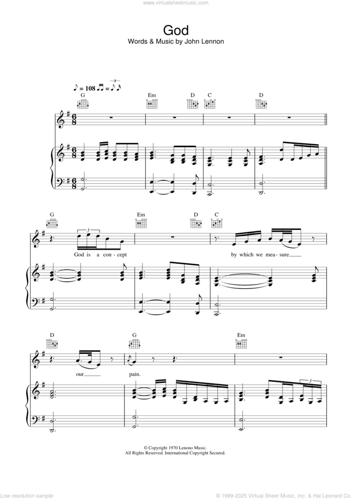 God sheet music for voice, piano or guitar by John Lennon, intermediate skill level