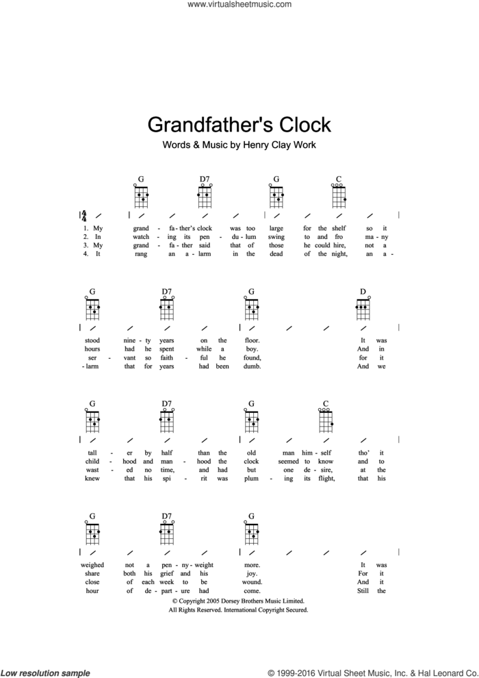 Grandfather's Clock sheet music for ukulele (chords) by Henry Clay Work, intermediate skill level