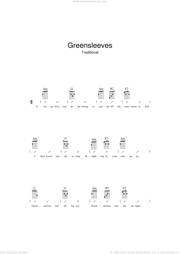 Greensleeves sheet music for ukulele (chords) (PDF) v2
