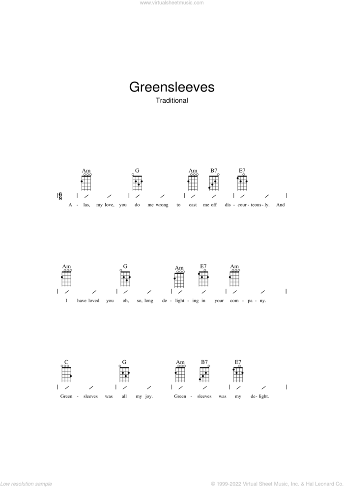 Greensleeves sheet music for ukulele (chords), intermediate skill level
