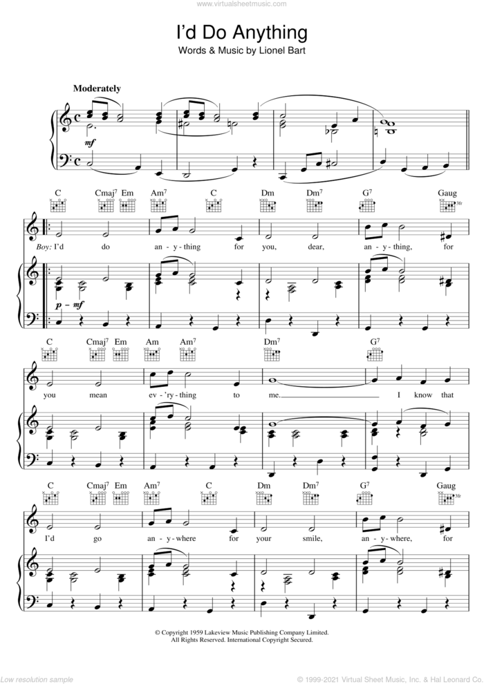 I'd Do Anything (from Oliver!) sheet music for voice, piano or guitar by Lionel Bart, intermediate skill level