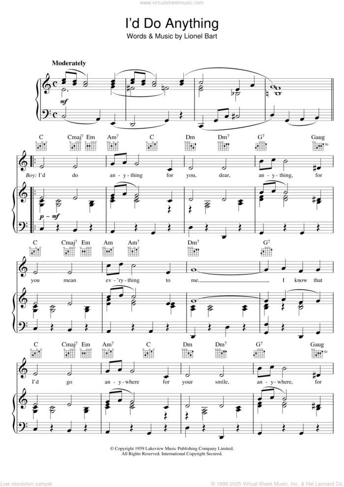 I'd Do Anything (from Oliver!) sheet music for voice, piano or guitar by Lionel Bart, intermediate skill level