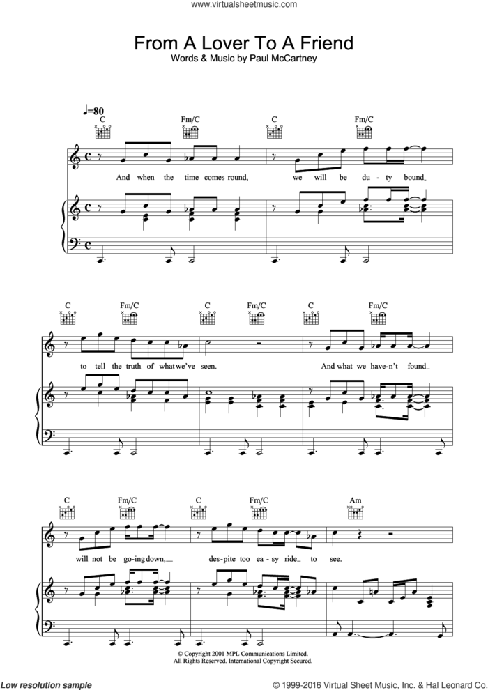 From A Lover To A Friend sheet music for voice, piano or guitar by Paul McCartney, intermediate skill level