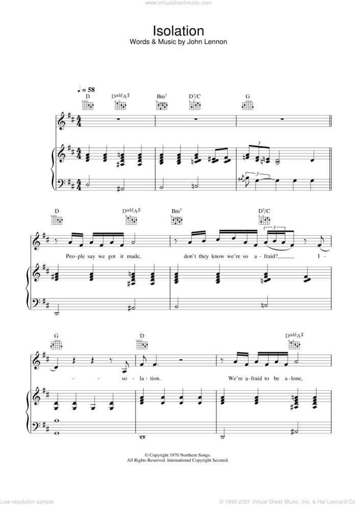 Isolation sheet music for voice, piano or guitar by John Lennon, intermediate skill level