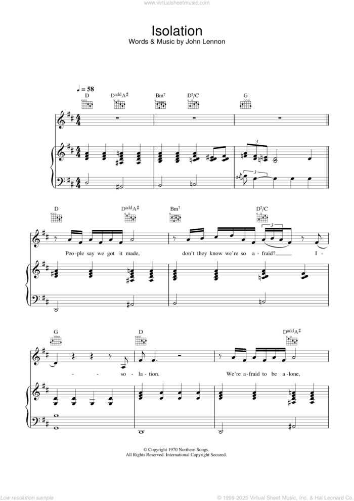 Isolation sheet music for voice, piano or guitar by John Lennon, intermediate skill level