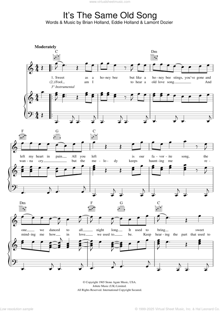 It's The Same Old Song sheet music for voice, piano or guitar by The Four Tops, Brian Holland, Eddie Holland and Lamont Dozier, intermediate skill level