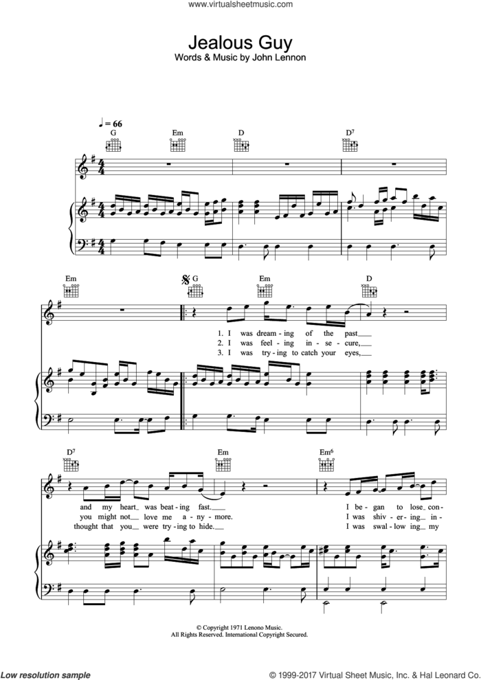 Jealous Guy sheet music for voice, piano or guitar by John Lennon, intermediate skill level