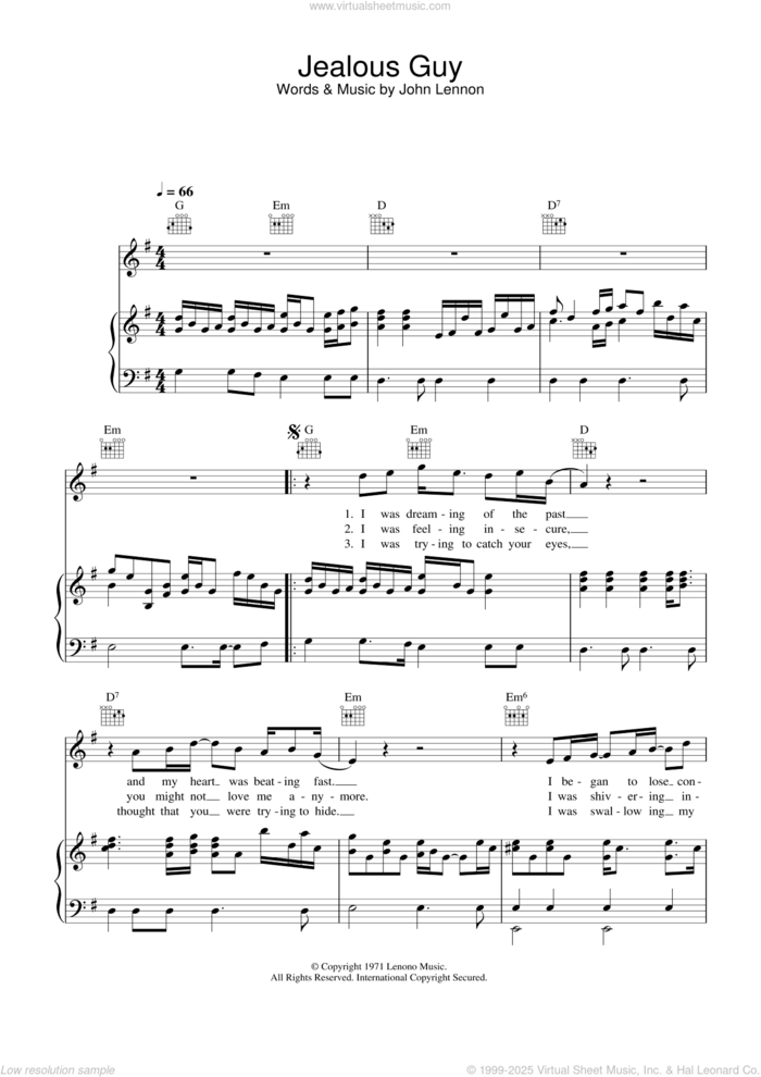 Jealous Guy sheet music for voice, piano or guitar by John Lennon, intermediate skill level