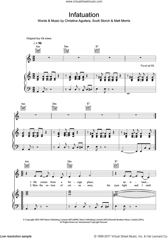 Infatuation sheet music for voice, piano or guitar by Christina Aguilera, Matt Morris and Scott Storch, intermediate skill level