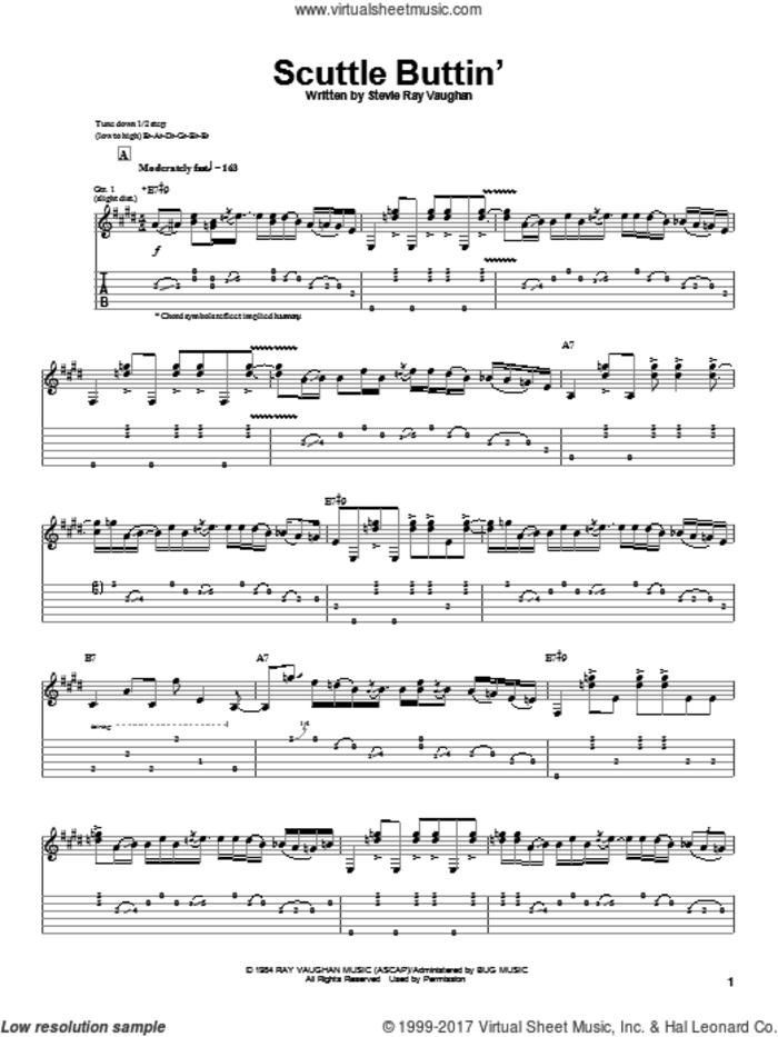 Scuttle Buttin' sheet music for guitar (tablature) by Stevie Ray Vaughan, intermediate skill level