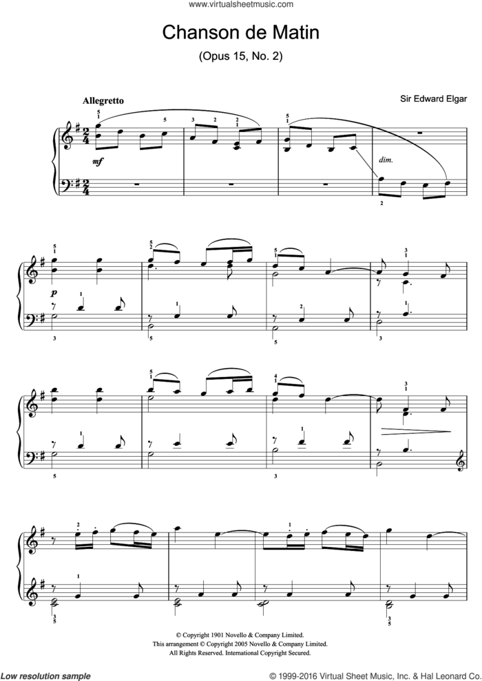 Chanson De Matin Opus 15, No. 2 sheet music for piano solo by Edward Elgar, classical score, easy skill level