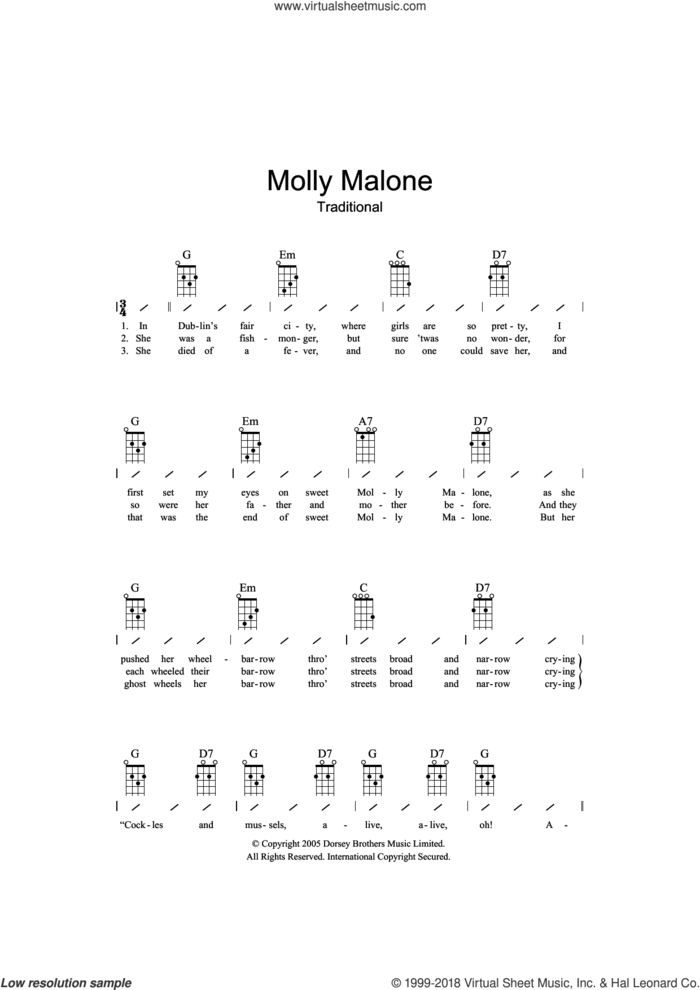 Molly Malone sheet music for ukulele (chords), intermediate skill level