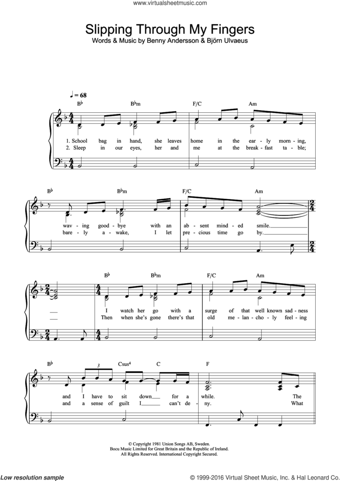Slipping Through My Fingers sheet music for piano solo by ABBA, Benny Andersson and Bjorn Ulvaeus, easy skill level