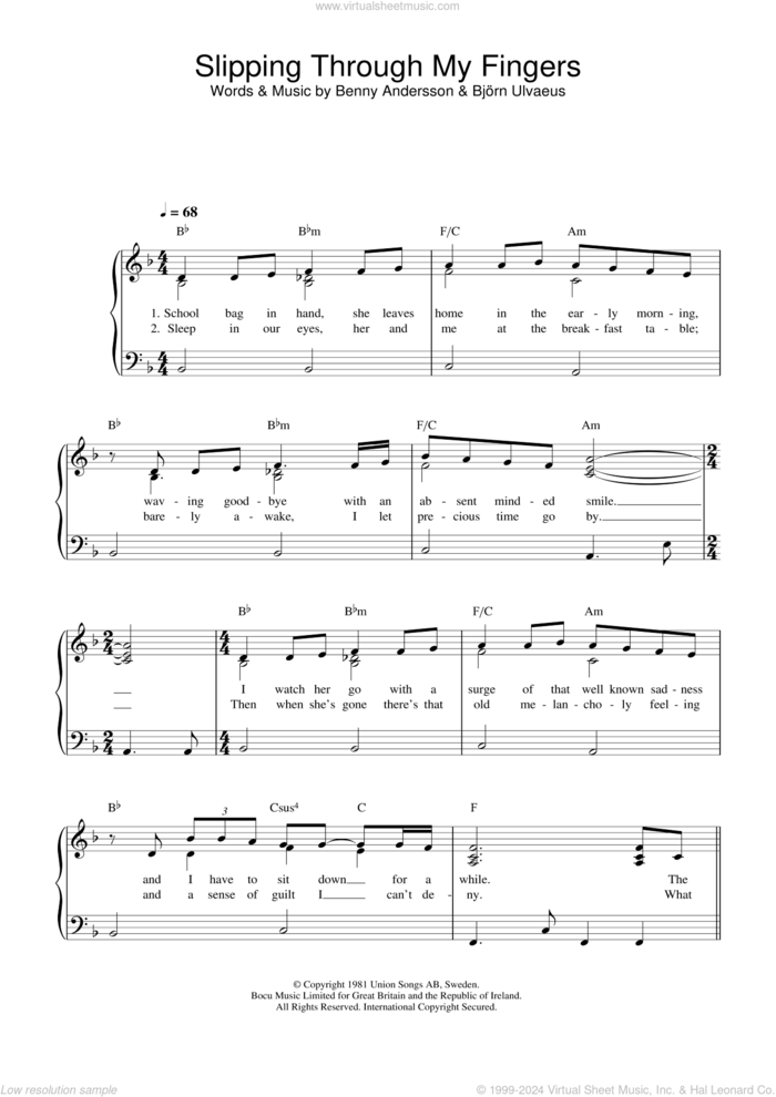 Slipping Through My Fingers sheet music for piano solo by ABBA, Benny Andersson and Bjorn Ulvaeus, easy skill level