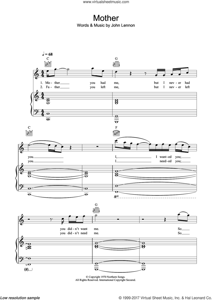 Mother sheet music for voice, piano or guitar by John Lennon, intermediate skill level