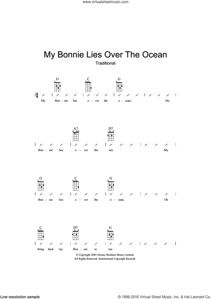 My Bonnie Lies Over The Ocean sheet music for ukulele (chords), intermediate skill level