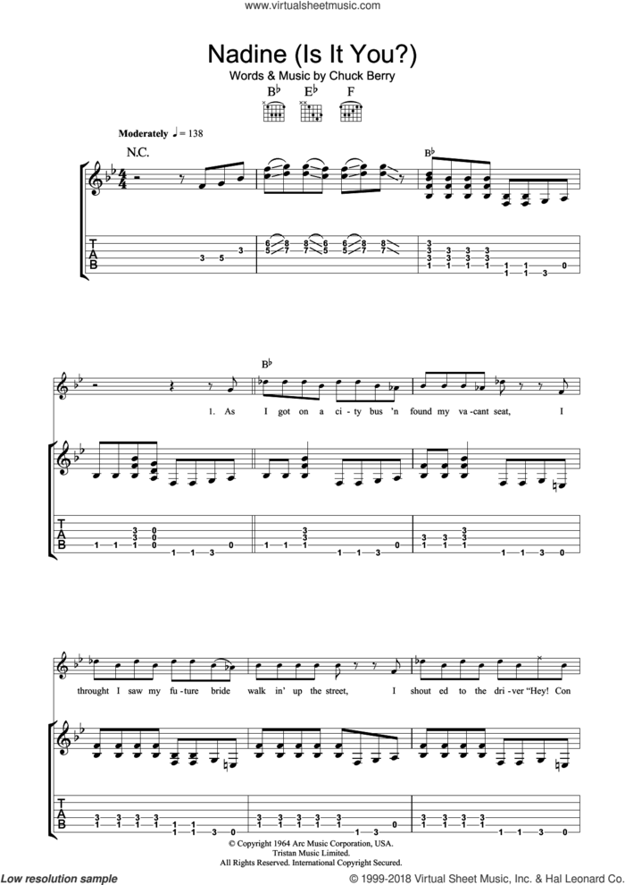 Nadine (Is It You) sheet music for guitar (tablature) by Chuck Berry, intermediate skill level