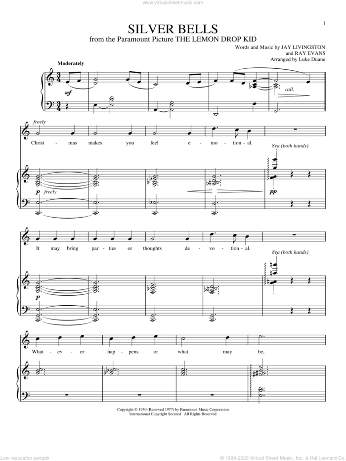 Silver Bells sheet music for voice and piano by Jay Livingston and Ray Evans, intermediate skill level