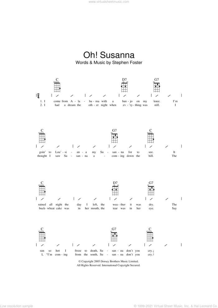 Oh! Susanna sheet music for ukulele (chords) by Stephen Foster and Miscellaneous, intermediate skill level