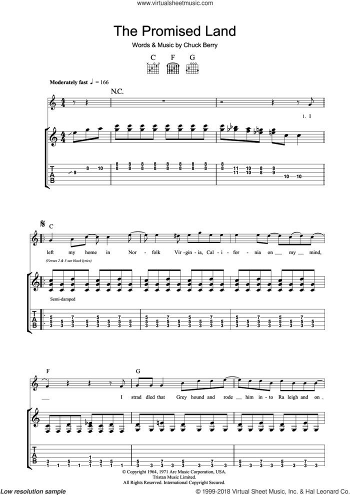 The Promised Land sheet music for guitar (tablature) by Chuck Berry, intermediate skill level