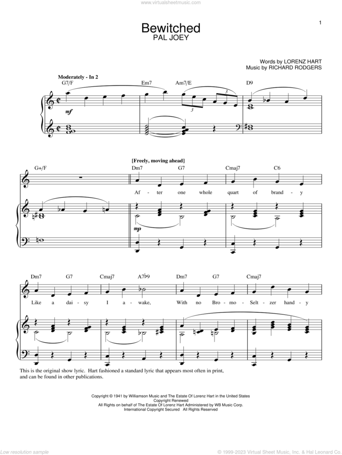 Bewitched (from Pal Joey) sheet music for voice and piano by Rodgers & Hart, Pal Joey (Musical), Lorenz Hart and Richard Rodgers, intermediate skill level